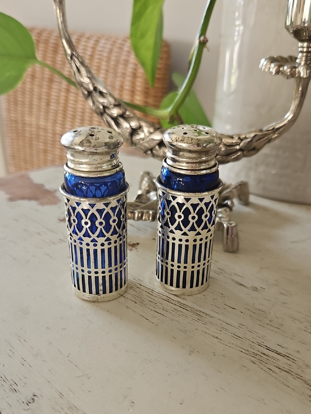 Silver Plate And Cobalt Blue Glass Salt and Pepper Shakers
